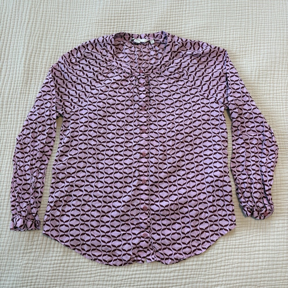 Boden Blouse Womens Sz 6 Pink Geometric Button‎ Up Peasant Boho Top Long Sleeve